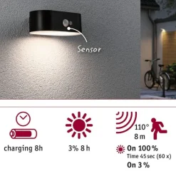 LED-ulkoseinävalaisin aurinkokennolla Paulmann Adya, IP44, 3000K, liiketunnistin, musta