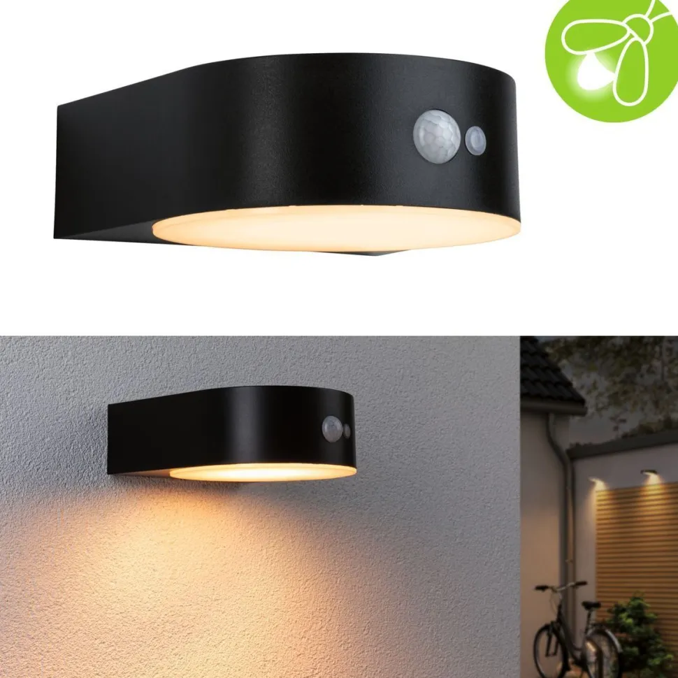 LED-ulkoseinävalaisin aurinkokennolla Paulmann Eileen, IP44, 2200K, liiketunnistin, musta