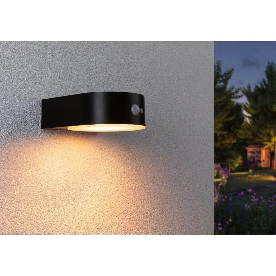 LED-ulkoseinävalaisin aurinkokennolla Paulmann Eileen, IP44, 2200K, liiketunnistin, musta