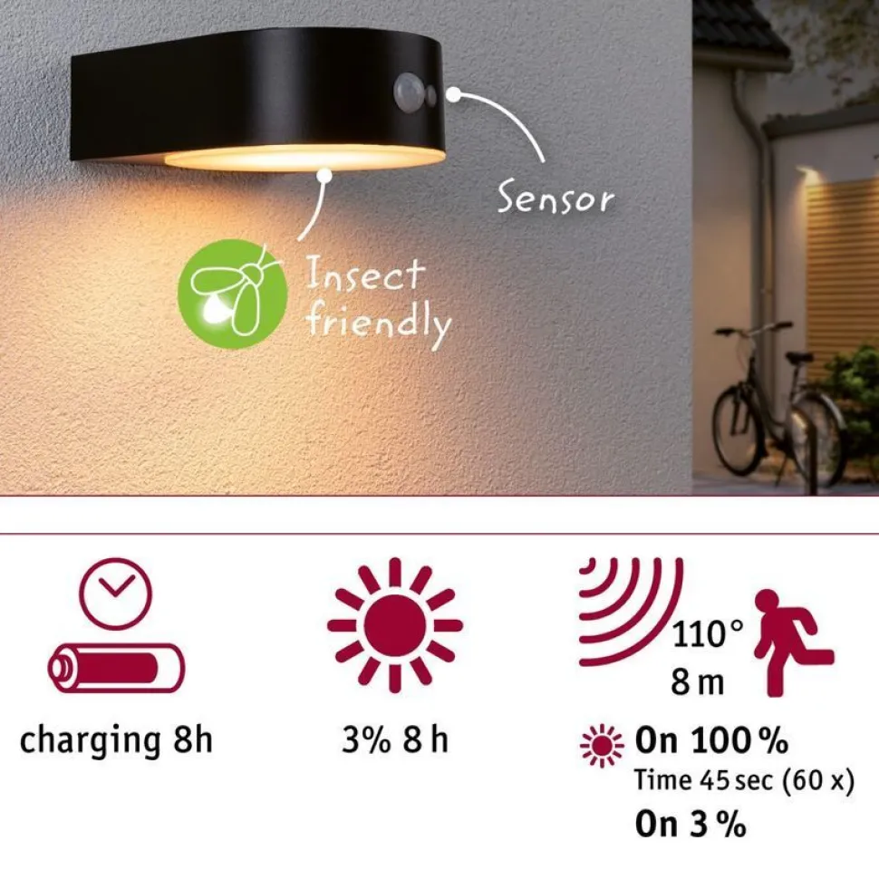 LED-ulkoseinävalaisin aurinkokennolla Paulmann Eileen, IP44, 2200K, liiketunnistin, musta