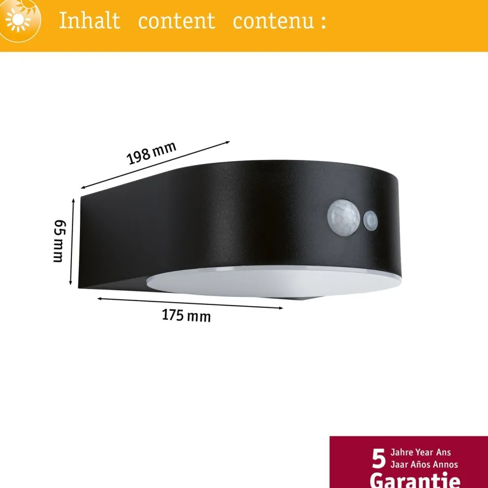 LED-ulkoseinävalaisin aurinkokennolla Paulmann Eileen, IP44, 3000K, liiketunnistin, musta