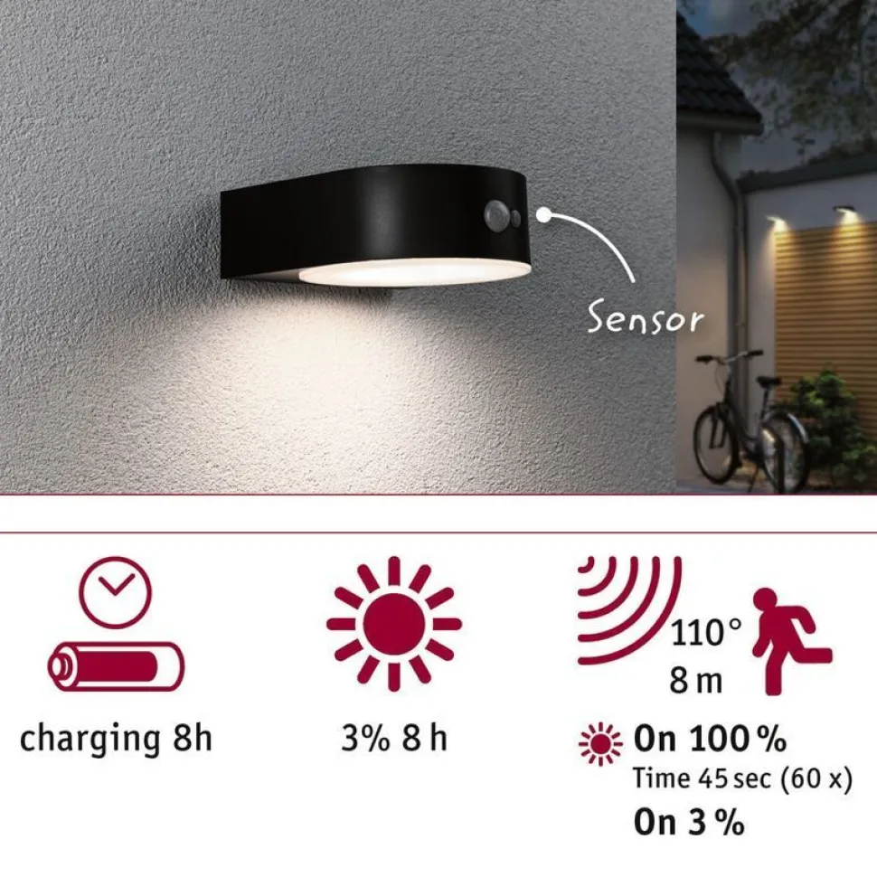 LED-ulkoseinävalaisin aurinkokennolla Paulmann Eileen, IP44, 3000K, liiketunnistin, musta