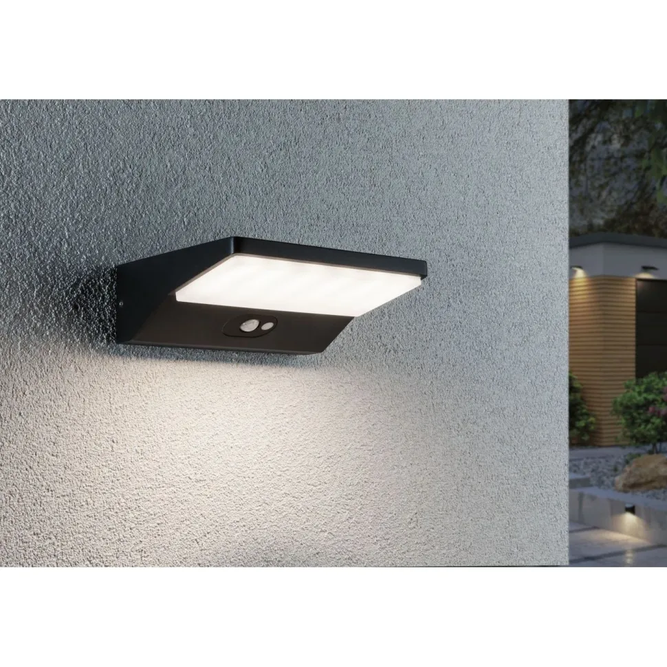 LED-ulkoseinävalaisin aurinkokennolla Paulmann Ronas, 18x15cm, IP44, 3000K, liiketunnistin, tummanharmaa