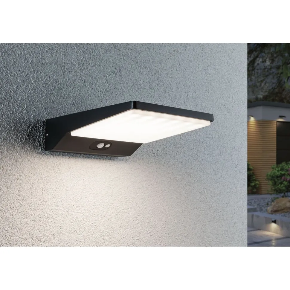 LED-ulkoseinävalaisin aurinkokennolla Paulmann Ronas, 18x25cm, IP44, 3000K, liiketunnistin, tummanharmaa