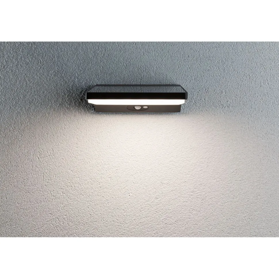 LED-ulkoseinävalaisin aurinkokennolla Paulmann Ronas, 18x25cm, IP44, 3000K, liiketunnistin, tummanharmaa
