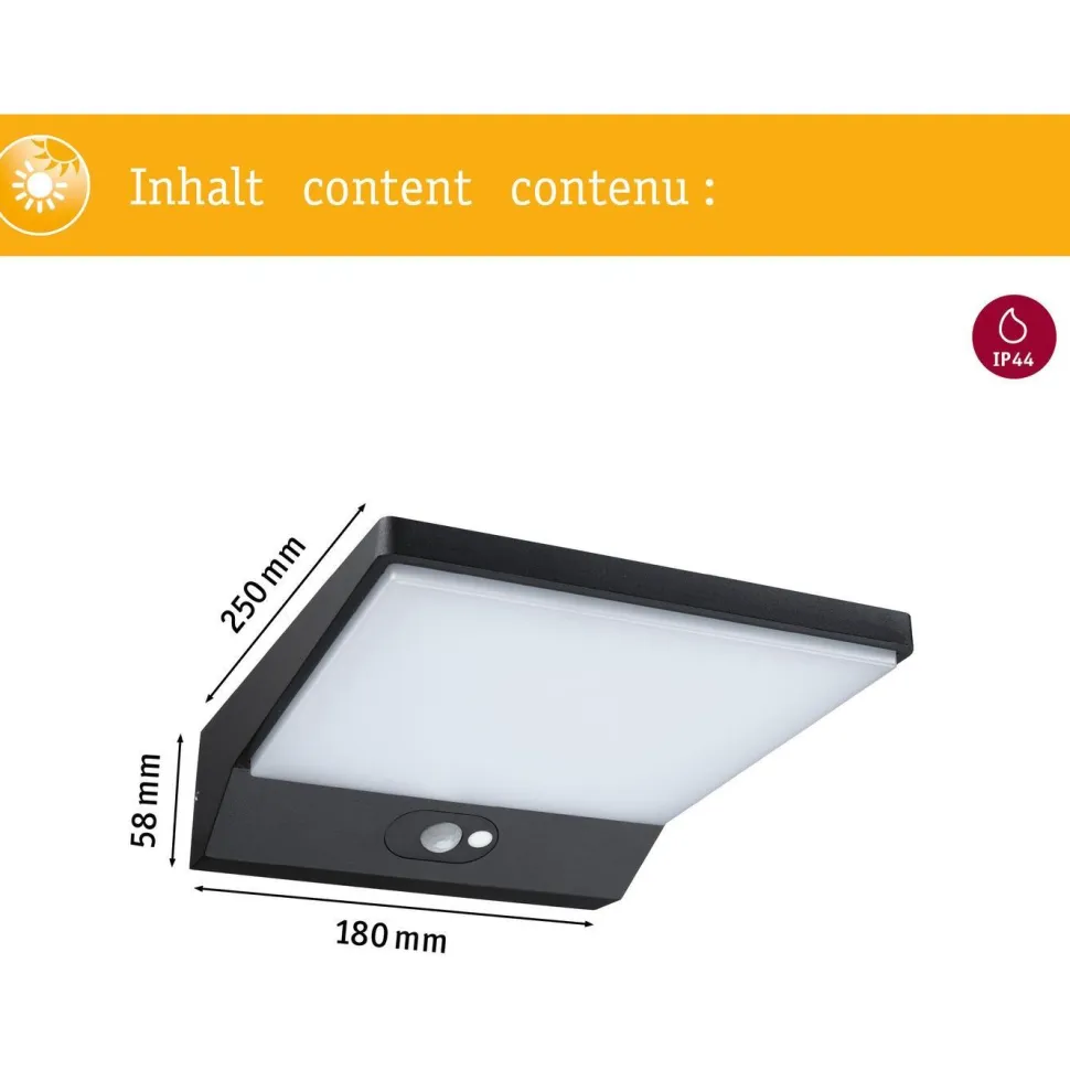 LED-ulkoseinävalaisin aurinkokennolla Paulmann Ronas, 18x25cm, IP44, 3000K, liiketunnistin, tummanharmaa