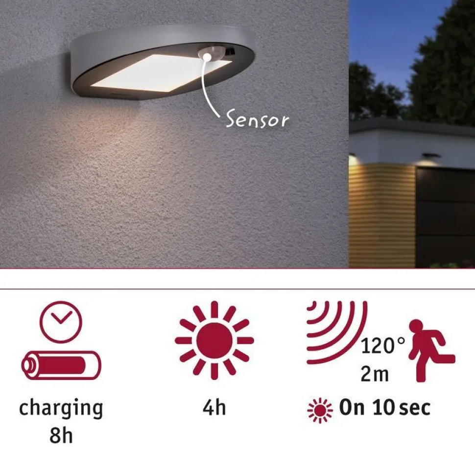LED-ulkoseinävalaisin aurinkokennolla Paulmann Ryse, IP44, 3000K, liiketunnistin, antrasiitti