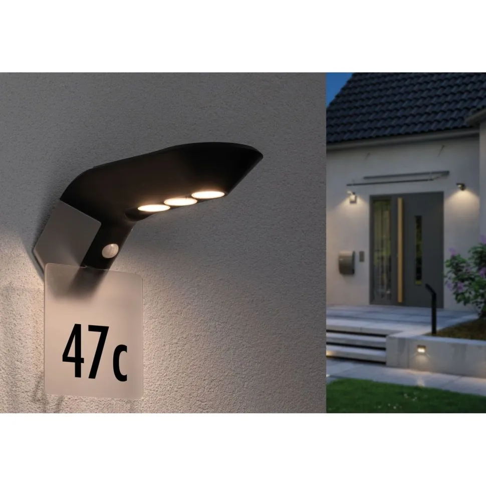 LED-ulkoseinävalaisin aurinkokennolla Paulmann Soley, IP44, 3000K, liiketunnistin, antrasiitti