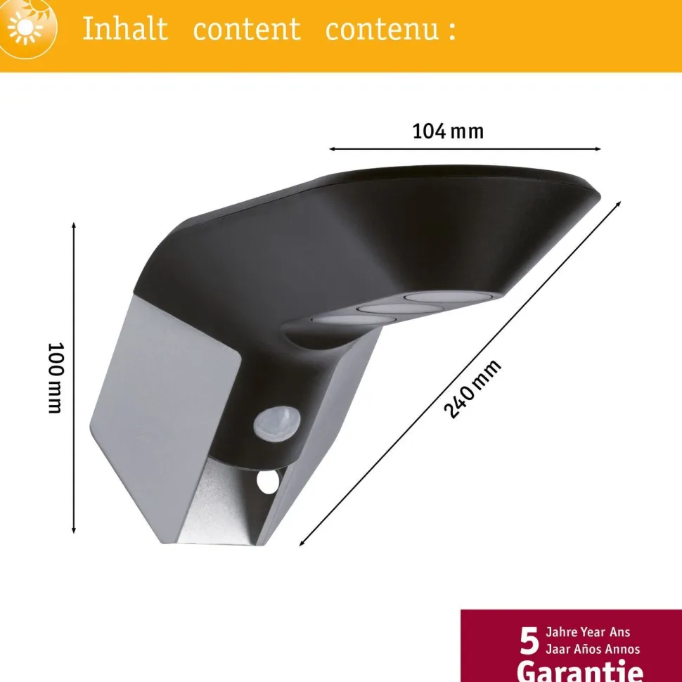LED-ulkoseinävalaisin aurinkokennolla Paulmann Soley, IP44, 3000K, liiketunnistin, antrasiitti