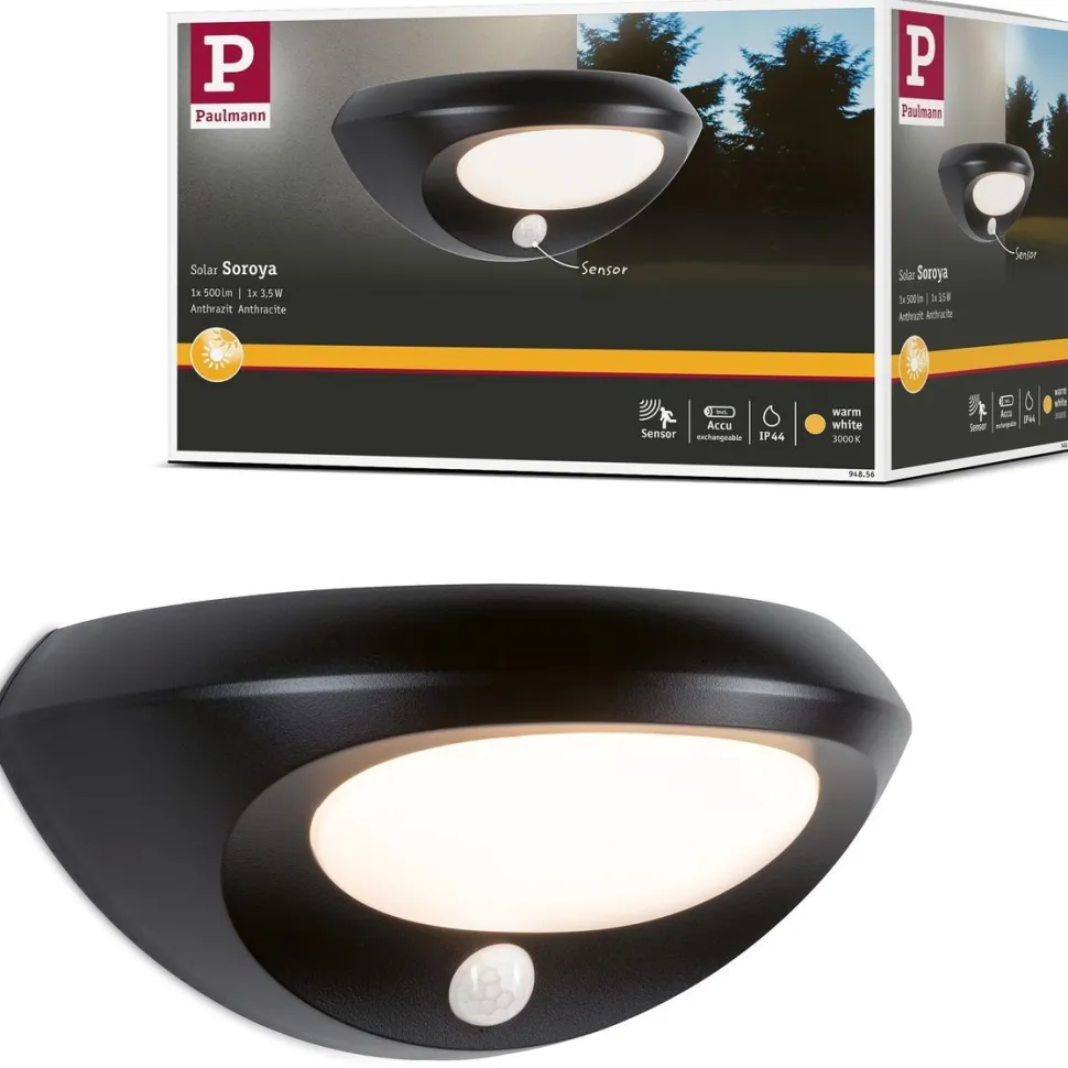 LED-ulkoseinävalaisin aurinkokennolla Paulmann Sorova, IP44, 3000K, antrasiitti