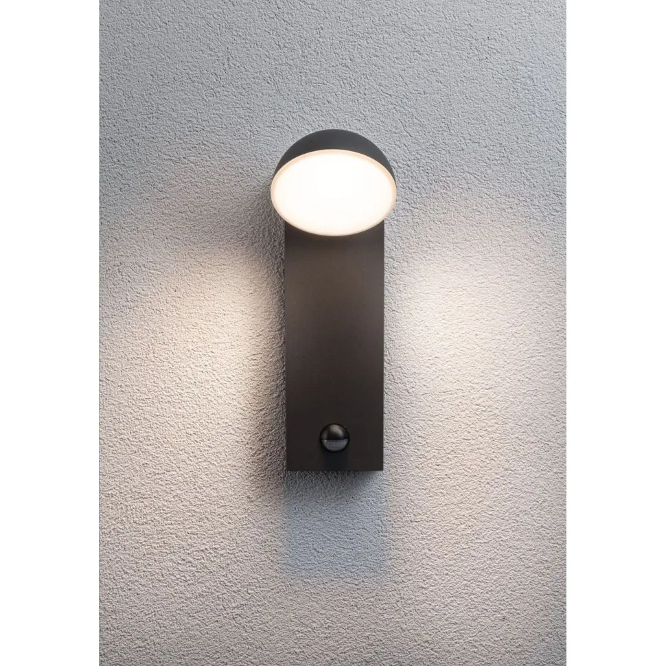 LED-ulkoseinävalaisin liike- ja hämärätunnistimella Paulmann Puka, IP44, 3000K, korroosionkestävä, antrasiitti