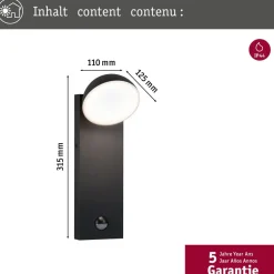 LED-ulkoseinävalaisin liike- ja hämärätunnistimella Paulmann Puka, IP44, 3000K, korroosionkestävä, antrasiitti
