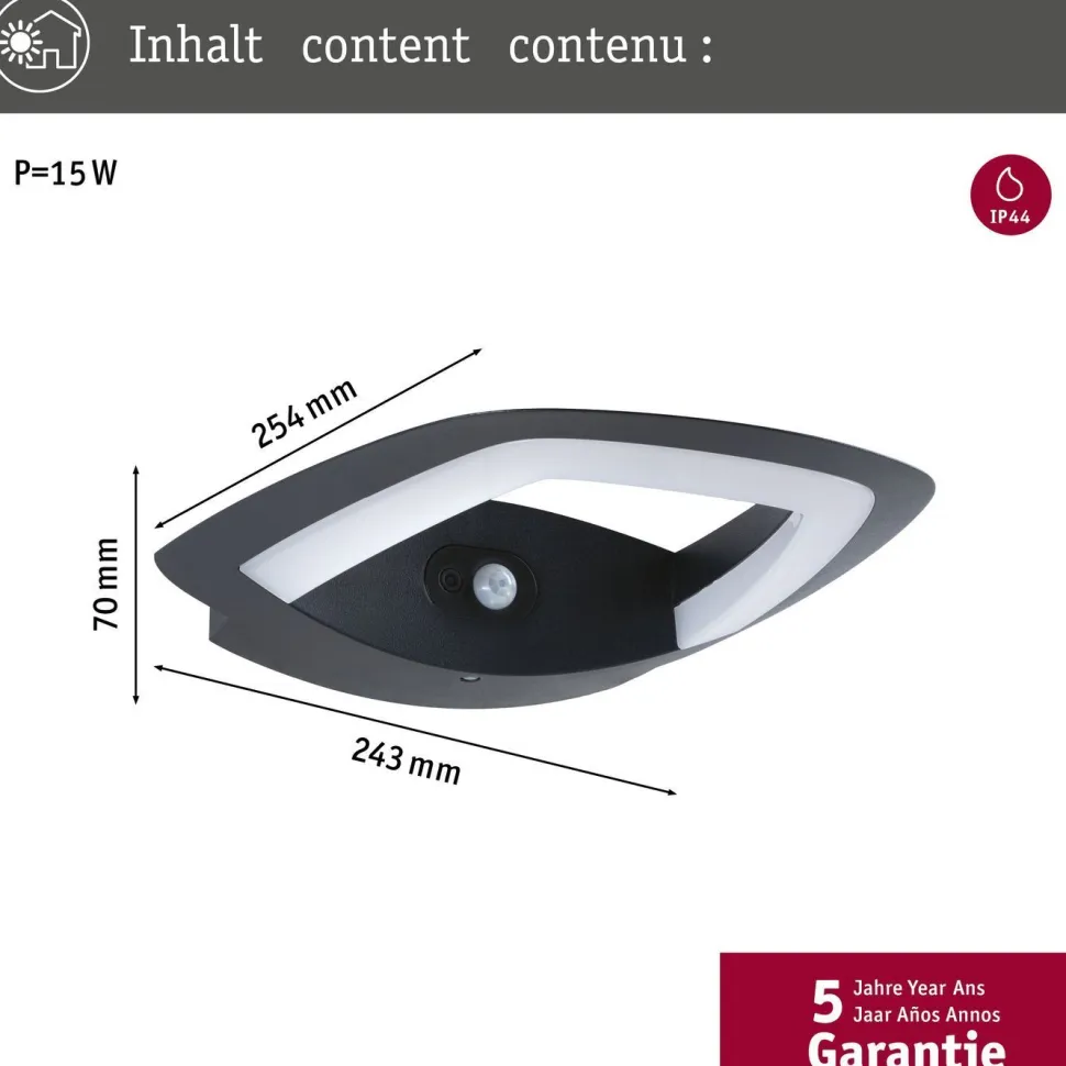 LED-ulkoseinävalaisin liiketunnistimella Paulmann Akena, IP44, 2200K, antrasiitti