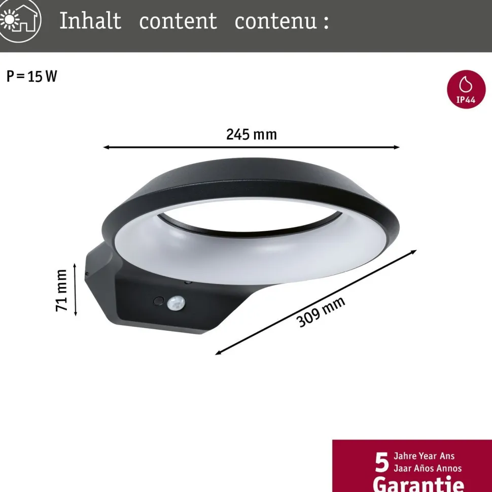 LED-ulkoseinävalaisin liiketunnistimella Paulmann Anela, IP44, 2200K, antrasiitti