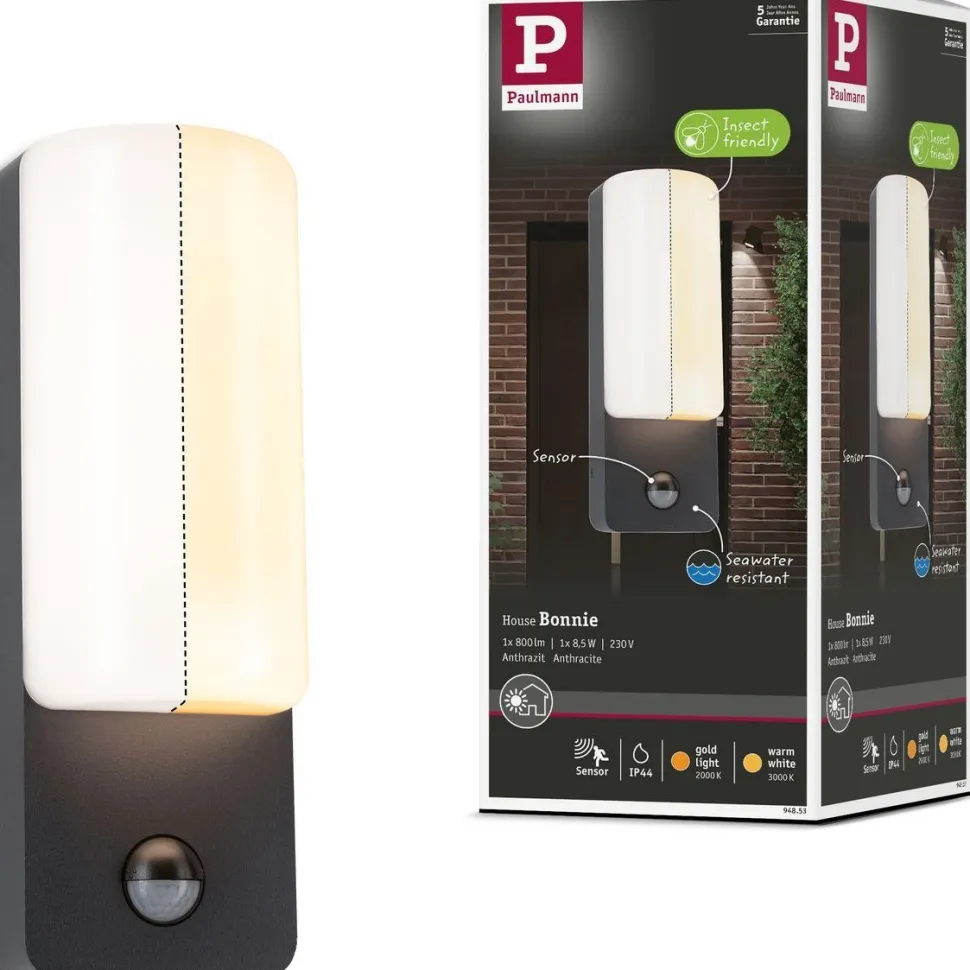 LED-ulkoseinävalaisin liiketunnistimella Paulmann Bonnie, IP44, 2200-3000K, antrasiitti
