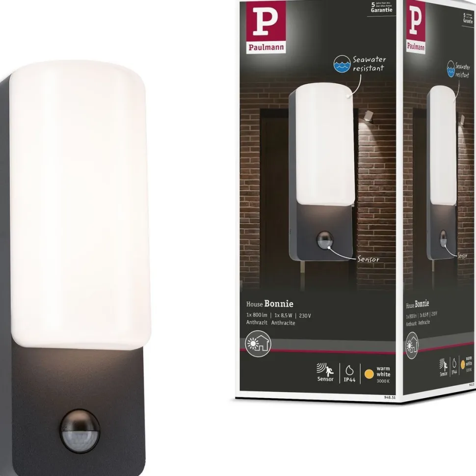 LED-ulkoseinävalaisin liiketunnistimella Paulmann Bonnie, IP44, 3000K, antrasiitti