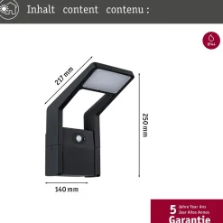 LED-ulkoseinävalaisin liiketunnistimella Paulmann Juntea, IP44, 3000K, antrasiitti
