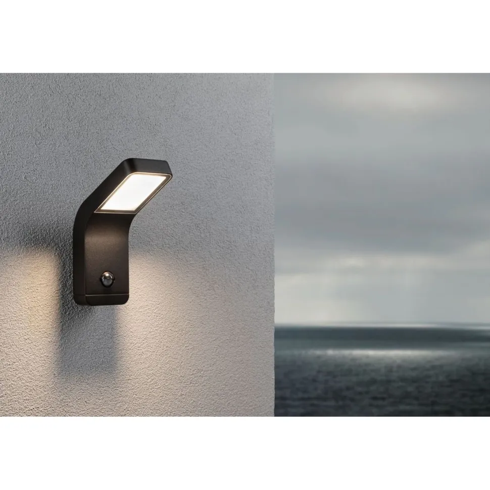 LED-ulkoseinävalaisin liiketunnistimella Paulmann Kulma, IP44, 3000K, korroosionkestävä, antrasiitti