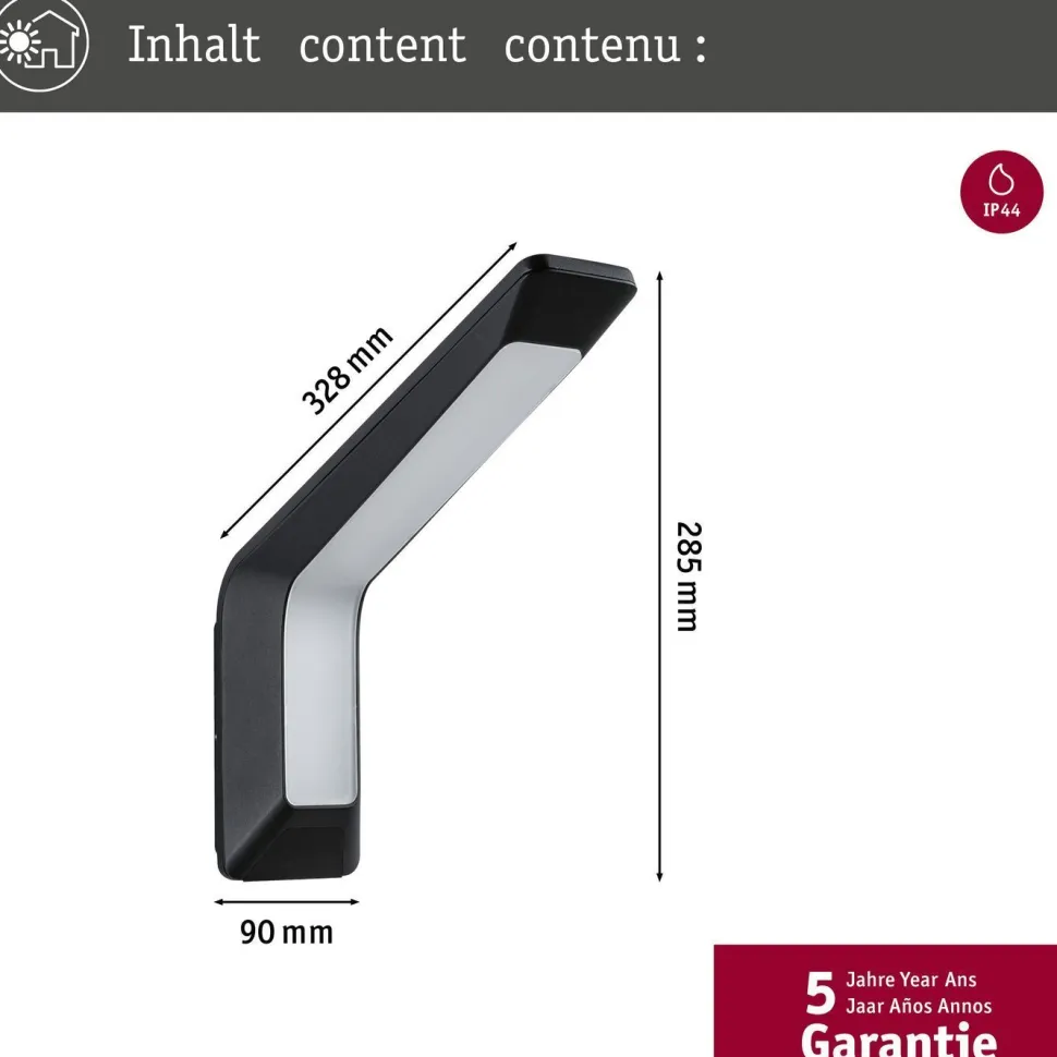 LED-ulkoseinävalaisin liiketunnistimella Paulmann Merano, IP44, 3000K, korroosionkestävä, antrasiitti