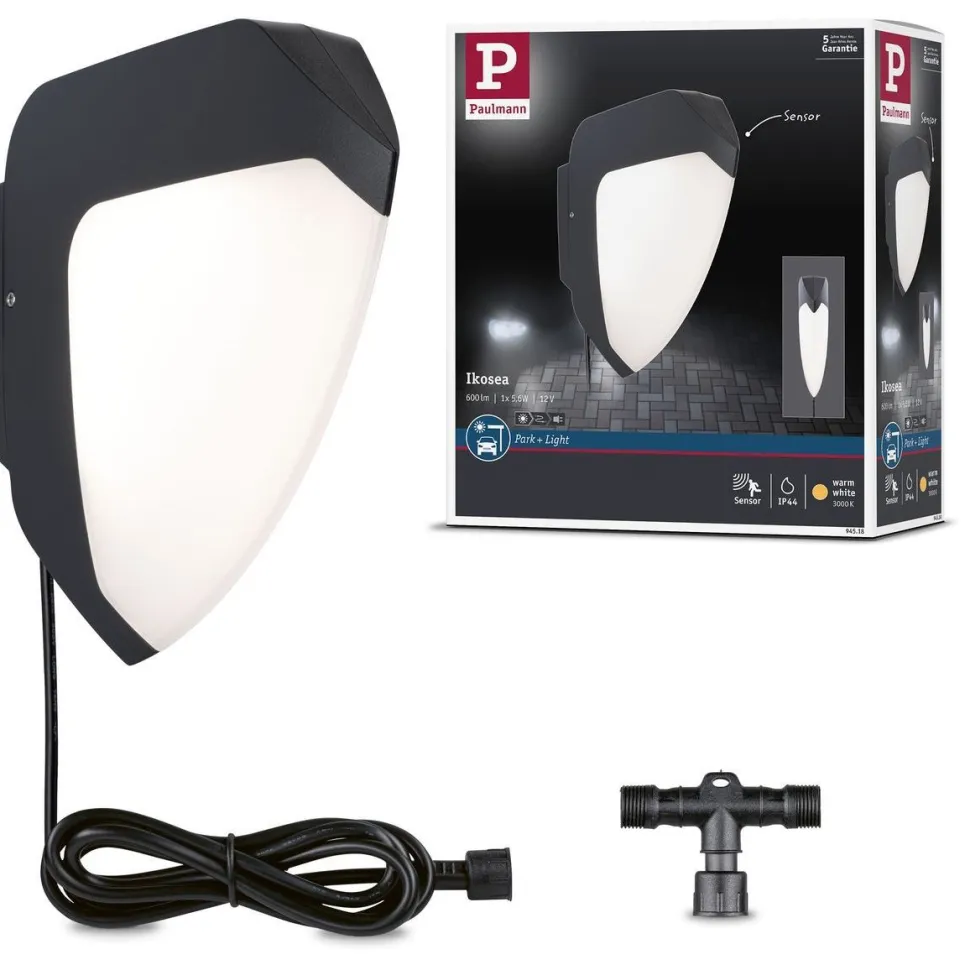 LED-ulkoseinävalaisin liiketunnistimella Paulmann Park + Light Ikosea, IP44, 3000K, antrasiitti