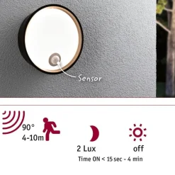 LED-ulkoseinävalaisin liiketunnistimella Paulmann Platomo, IP44, 18cm, 3000K, korroosionkestävä, musta
