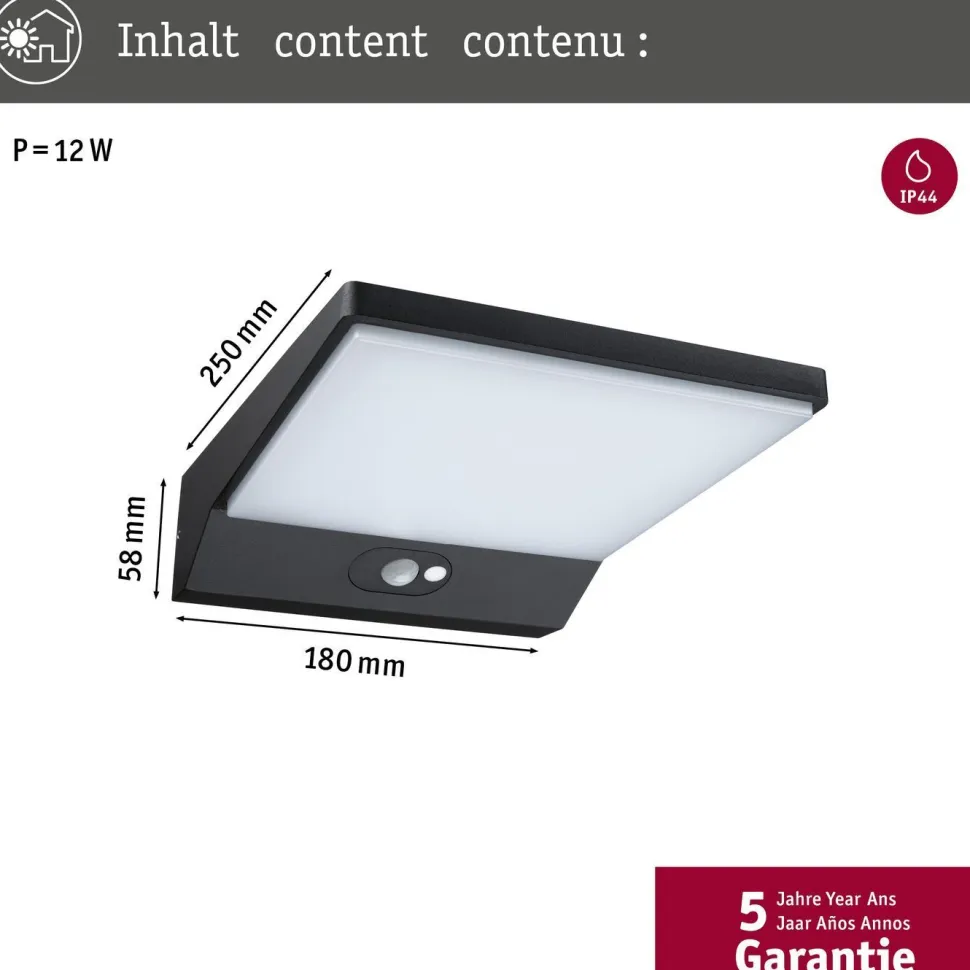 LED-ulkoseinävalaisin liiketunnistimella Paulmann Ronea, IP44, 18x25cm, 10.5W, 3000K, tummanharmaa