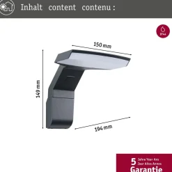 LED-ulkoseinävalaisin liiketunnistimella Paulmann Zenera, IP44, 3000K, korroosionkestävä, antrasiitti