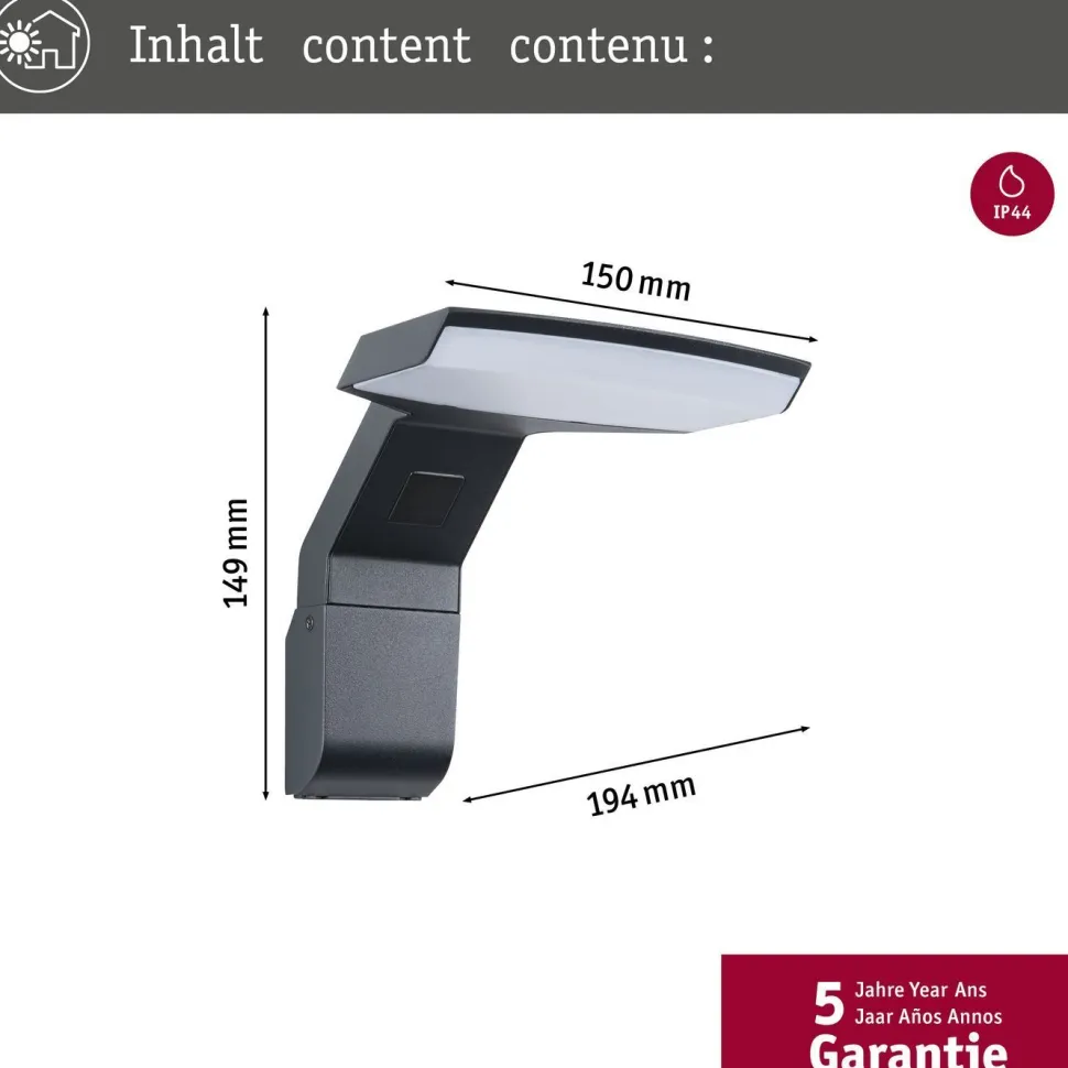 LED-ulkoseinävalaisin liiketunnistimella Paulmann Zenera, IP44, 3000K, korroosionkestävä, antrasiitti
