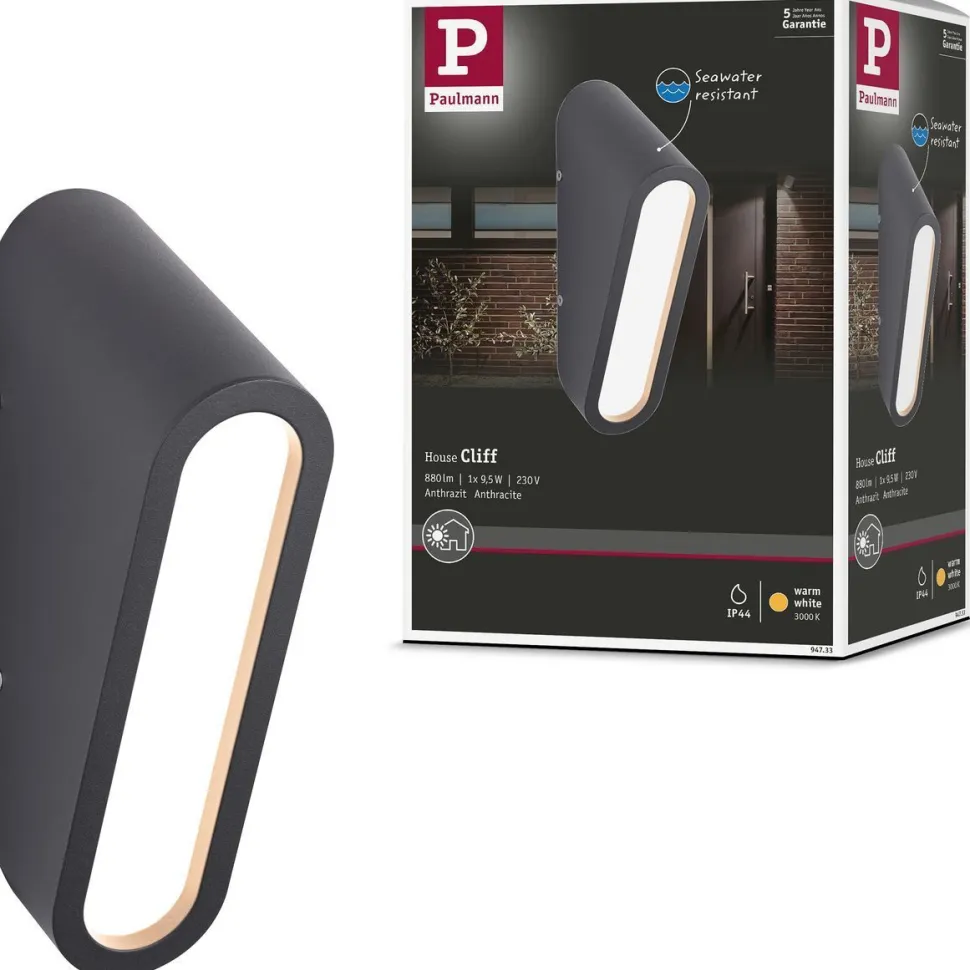 LED-ulkoseinävalaisin Paulmann Clif, IP44, 3000K, korroosionkestävä, antrasiitti