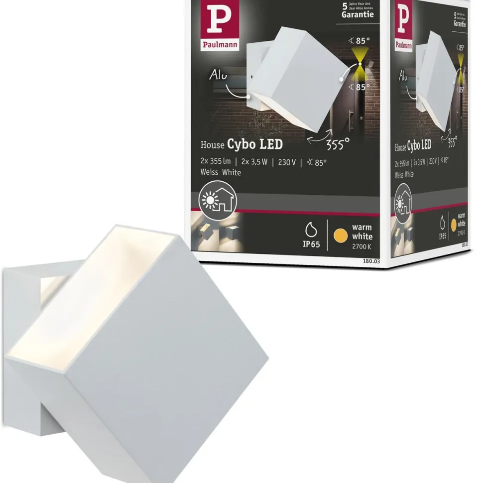 LED-ulkoseinävalaisin Paulmann Cybo Square, IP65, 10x10cm, 2700K, valkoinen