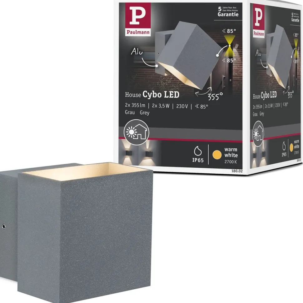 LED-ulkoseinävalaisin Paulmann Cybo Square, IP65, 10x10cm, 2700K, valkoinen