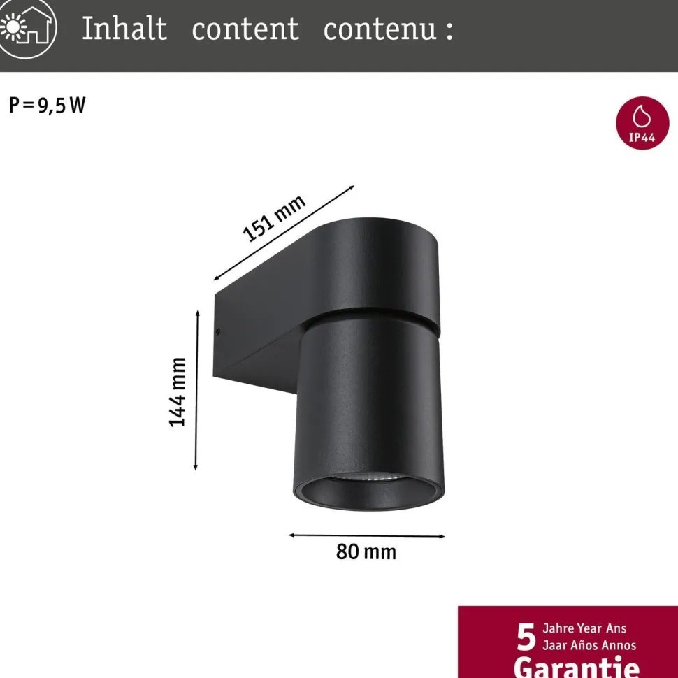 LED-ulkoseinävalaisin Paulmann Kimu, IP44, 80mm, 3000K, antrasiitti