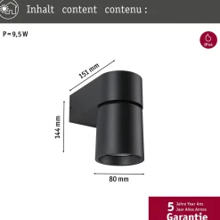 LED-ulkoseinävalaisin Paulmann Kimu, IP44, 80mm, 2200K, antrasiitti