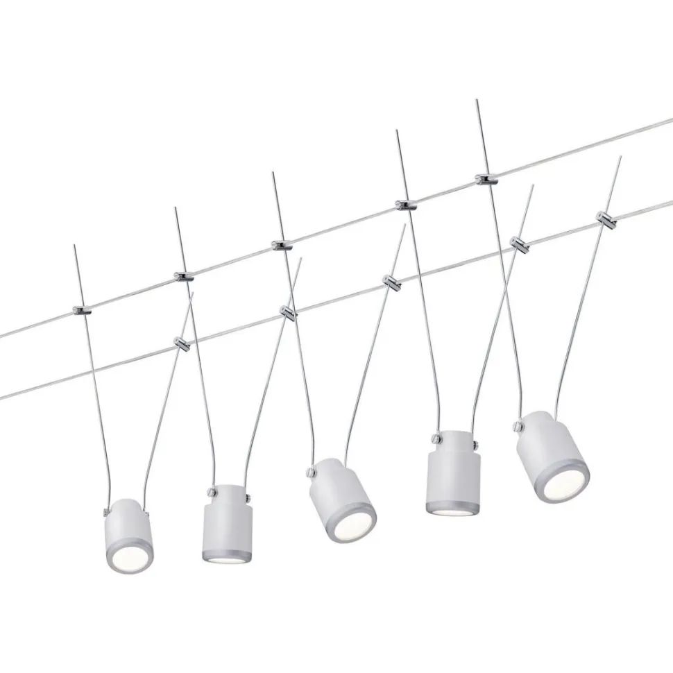 LED-vaijerivalaisinsetti Paulmann TunLED, 2700K, 5 valaisinta, valkoinen/mattakromi