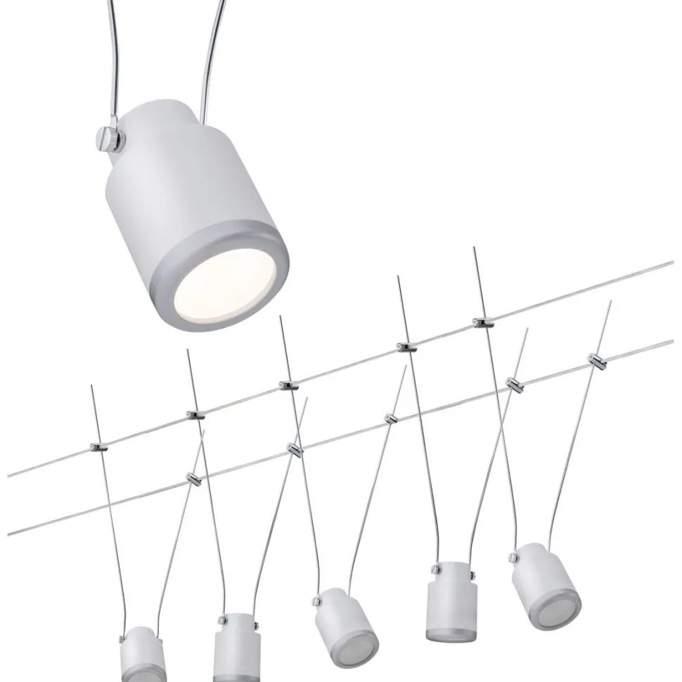 LED-vaijerivalaisinsetti Paulmann TunLED, 2700K, 5 valaisinta, valkoinen/mattakromi