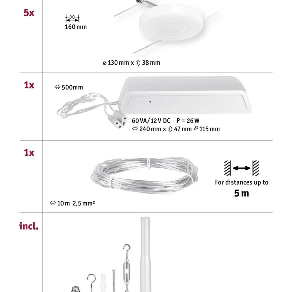 LED-Vaijerivalaisinsetti Paulmann Disc 5 valaisinta + muuntaja + vaijeri 3000K kromi