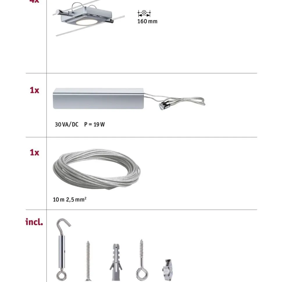 LED-vaijerivalaisinsetti Pailmann MacLED Basic, 2700K, neljä valaisinta, mattakromi