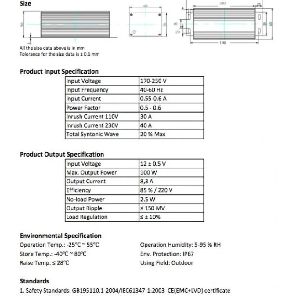 LED-vakiojännitelähde FTLIGHT 100 W 24V IP65