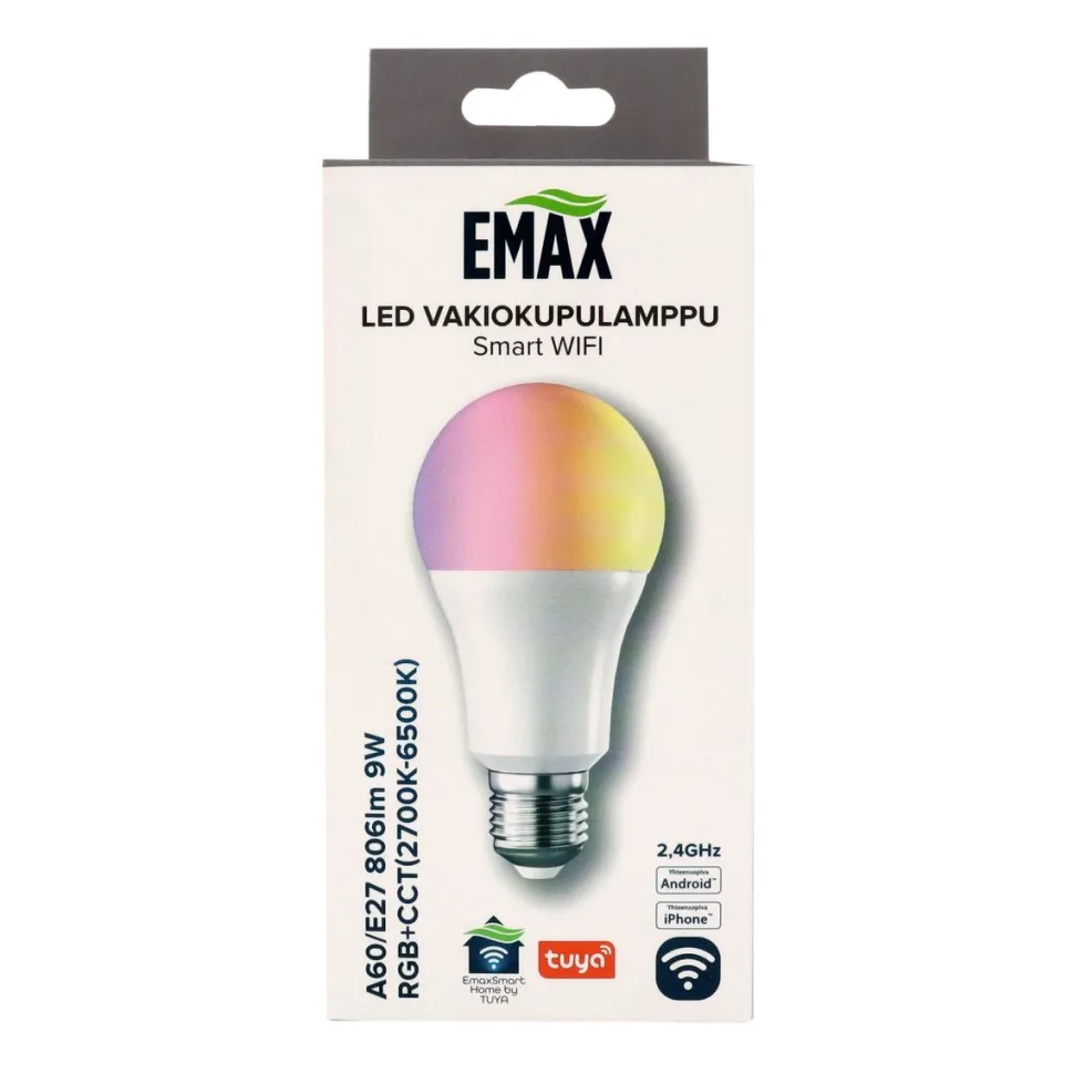 LED-vakiokupulamppu Emax Smart Home WIFI A60/E27 9 W 806 lm RGB+CCT 2700-6500 K himmennettävä