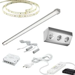 LED-valaisinsetti aamiaiskaappiin Limente ovitunnistin virtalähde pistorasia 2m 3000K IP20 24V alumiini