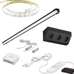 LED-valaisinsetti aamiaiskaappiin Limente ovitunnistin virtalähde pistorasia 2m 3000K IP20 24V alumiini