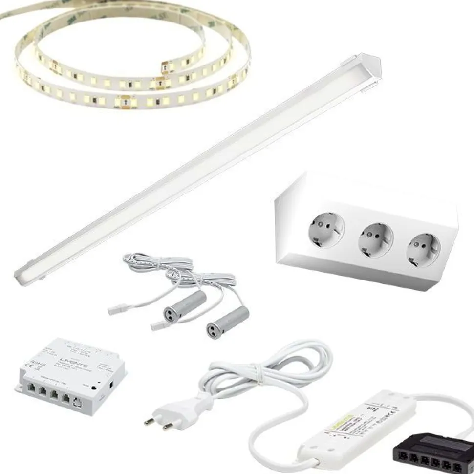 LED-valaisinsetti aamiaiskaappiin Limente ovitunnistin virtalähde pistorasia 2m 3000K IP20 24V alumiini