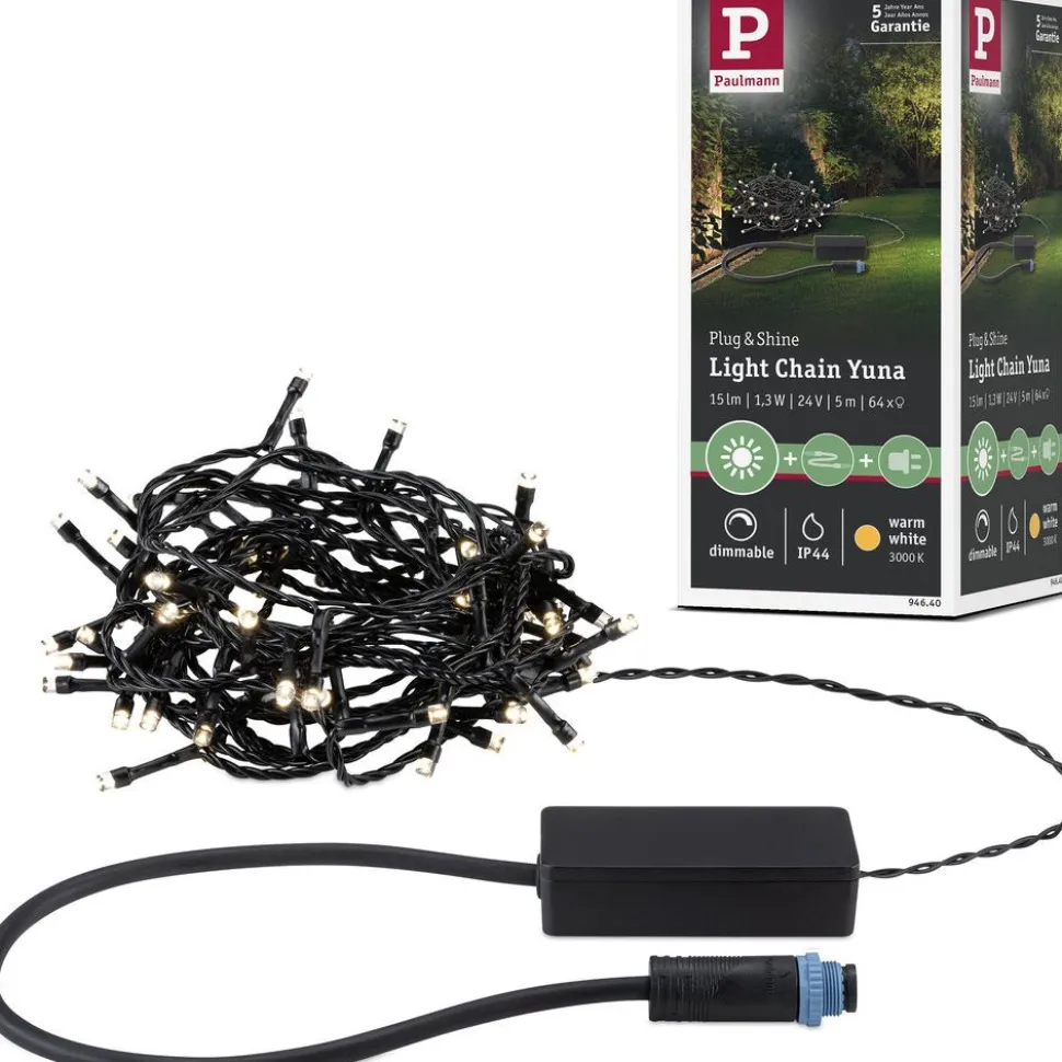 LED-valoketju Paulmann Plug & Shine Yuna, 3000K, 7.4m, IP44, 1.3W, musta