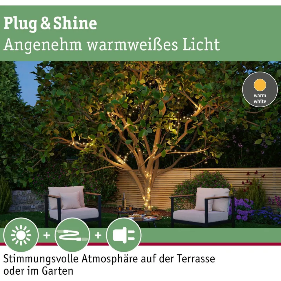 LED-valoketju Paulmann Plug & Shine Yuna, 3000K, 7.4m, IP44, 1.3W, musta