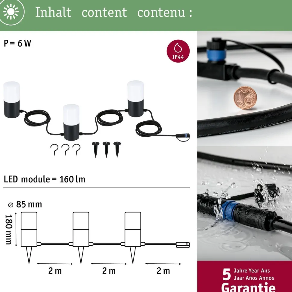 LED-valoketju Paulmann Plug & Shine Tubs, IP44, 3000K, 3x2W, antrasiitti