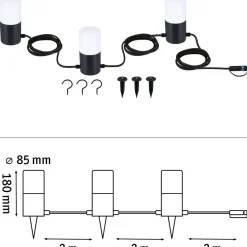 LED-valoketju Paulmann Plug & Shine Tubs, IP44, 3000K, 3x2W, antrasiitti
