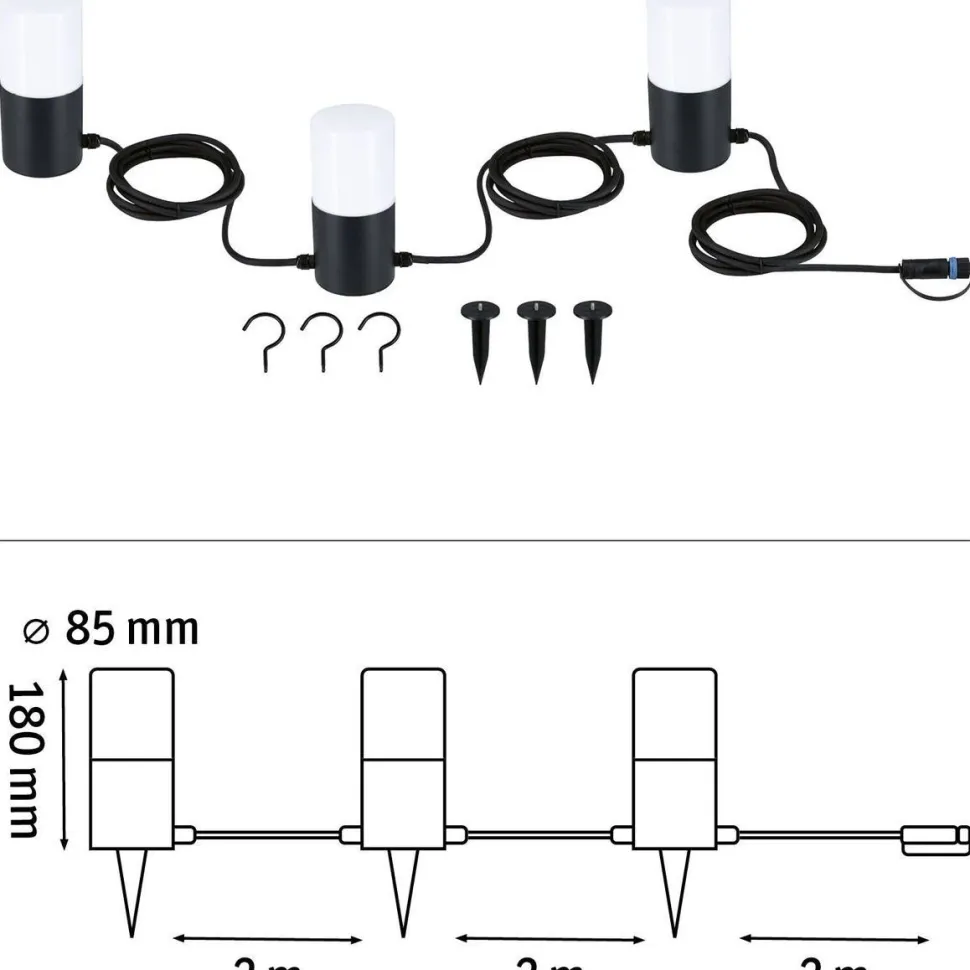 LED-valoketju Paulmann Plug & Shine Tubs, IP44, 3000K, 3x2W, antrasiitti