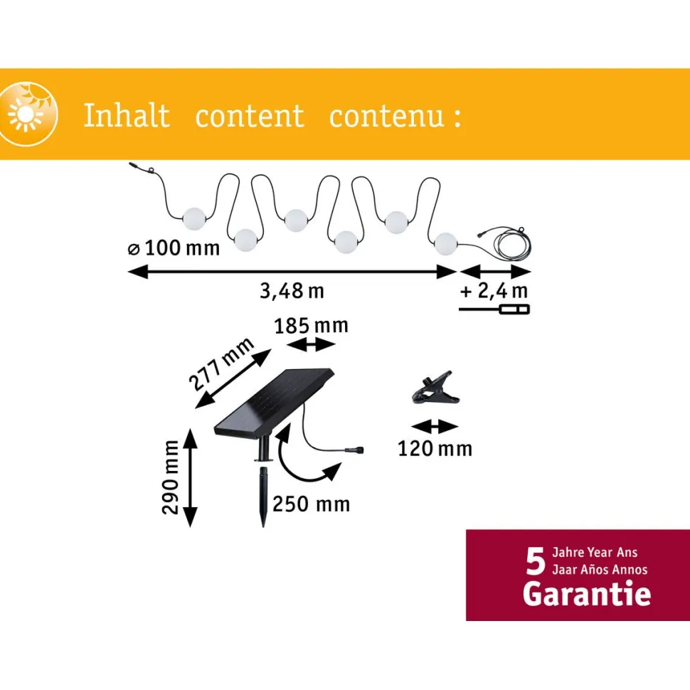 LED-valoketjusetti Paulmann Solar Taina, IP67, 3000K, 5.8m, 6x60lm, musta