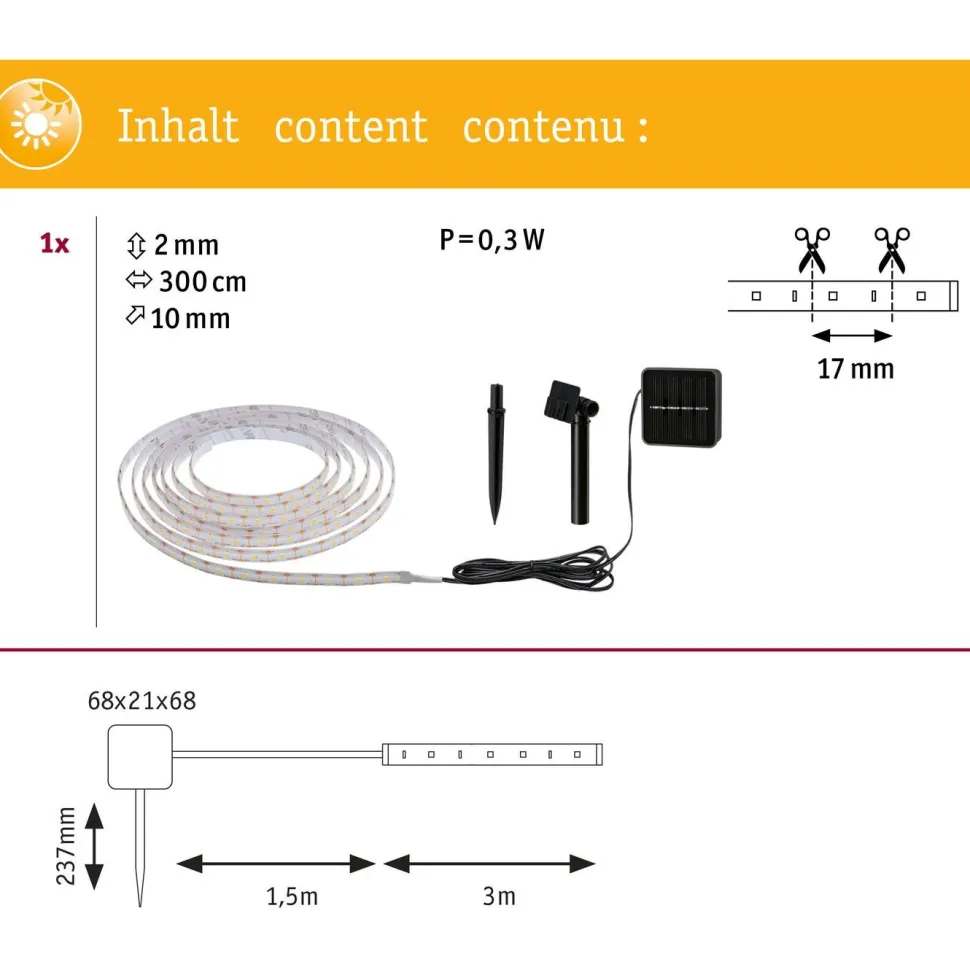 LED-valonauha aurinkokennolla Paulmann, 3m, IP44, 0.3W, 16lm/m, 60LEDs/m, 2700K, hämärätunnistin