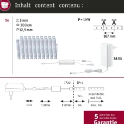 LED-valonauha Paulmann MaxLED 250, Smart Home Zigbee 3.0, aloituspakkaus, 3m, IP44, 15W, 180lm/m, 30LEDs/m, RGBW+, 36VA
